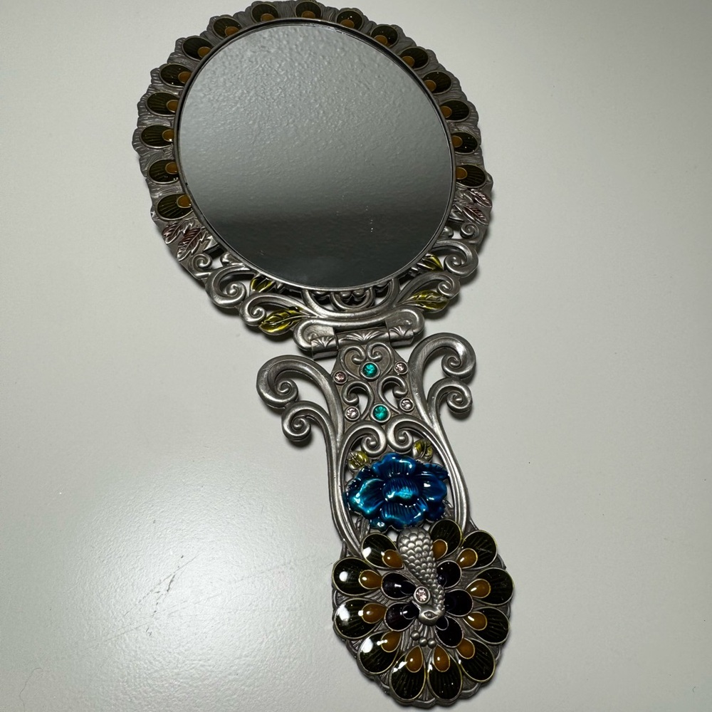 Vintage Style Peacock Enamel Folding Handheld Vanity Mirror Silver Tone Floral